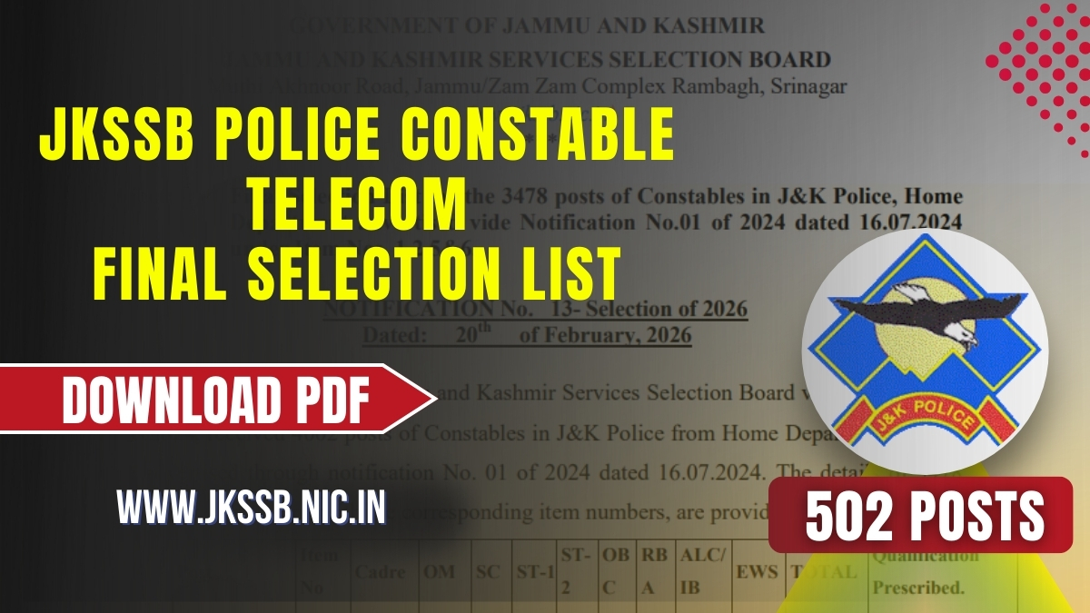 JKSSB Police Constable Telecom Final Selection List PDF for 502 Posts